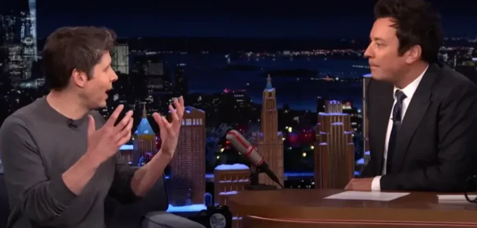 CEO OpenAI Sam Altman sedang diwawancara Jimmy Fallon di The Tonight Show, membahas ketergantungannya pada ChatGPT untuk pengasuhan anak.