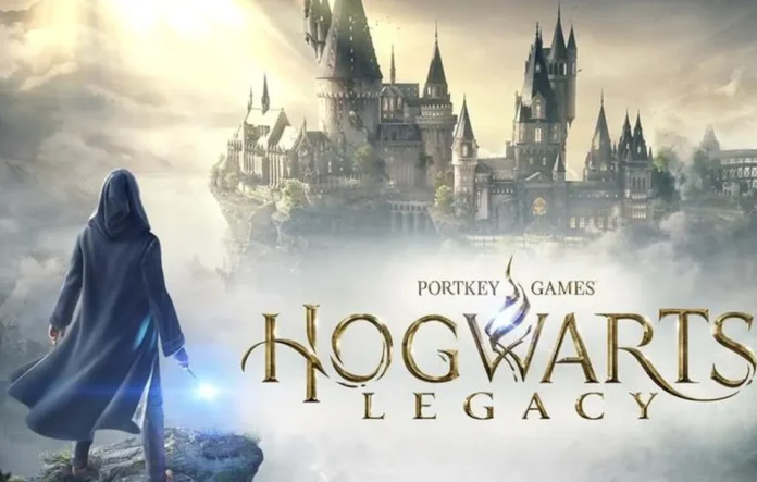 Gambar sampul video game Hogwarts Legacy yang menampilkan pemandangan kastil Hogwarts dan karakter penyihir.