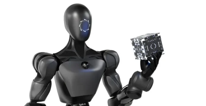 Ilustrasi robot humanoid industri berwarna biru dan abu-abu bekerja di lini produksi pabrik baterai CATL