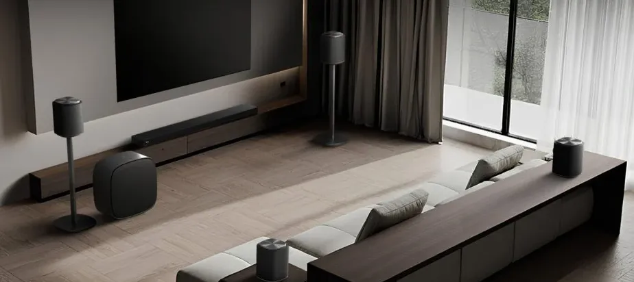Ilustrasi komponen LG Sound Suite yang tersusun rapi di ruang keluarga modern