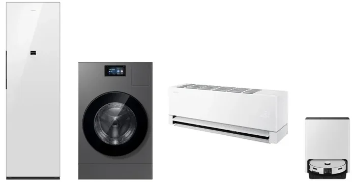 Tampilan depan produk Samsung Bespoke AI lineup untuk CES 2026 termasuk mesin cuci dan AirDresser