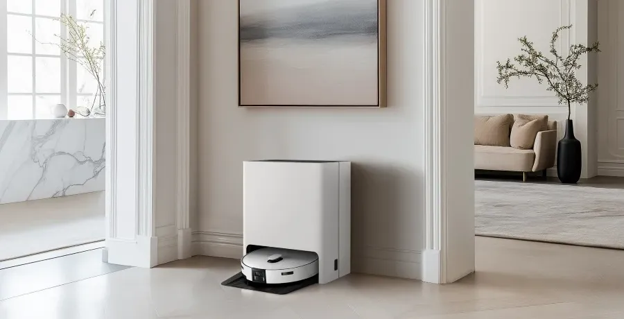 Samsung Bespoke AI Jet Bot Steam Ultra robot vacuum sedang membersihkan lantai