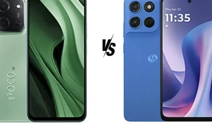 Ilustrasi perbandingan visual antara smartphone Poco C85 dan Motorola Moto G57 yang diletakkan bersebelahan