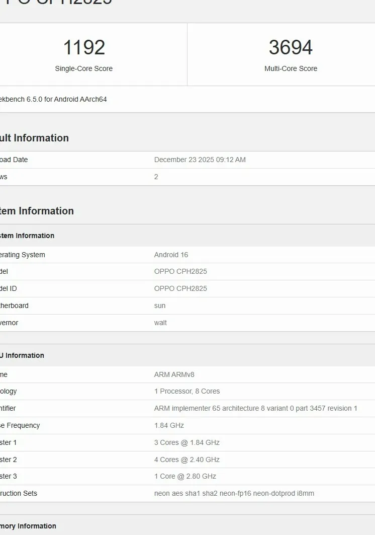 Tampilan screenshot hasil tes benchmark Oppo Reno 15 dengan kode model CPH2825 di platform Geekbench