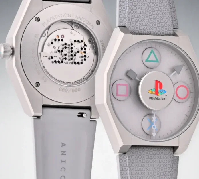 Jam tangan mekanis otomatis edisi terbatas Sony PlayStation kolaborasi dengan Anicorn, dengan desain inspired konsol PS1 warna abu-abu dan simbol ikonik.