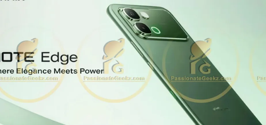 Ilustrasi render atau bocoran gambar Infinix Note Edge dengan desain bodi hijau dan modul kamera horizontal lebar