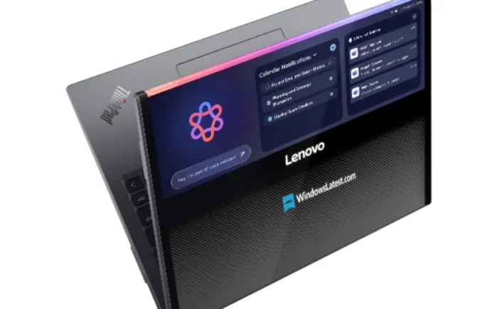 Ilustrasi konsep laptop Lenovo ThinkPad Rollable XD dengan layar fleksibel yang sedang dalam proses digulung