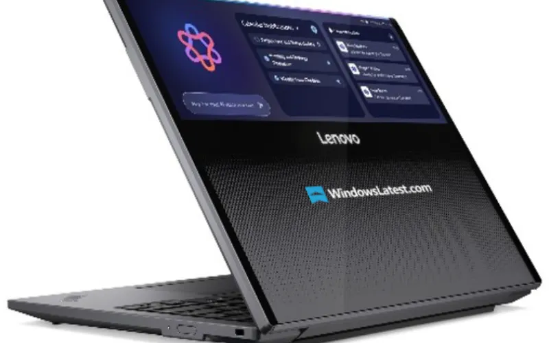 Close-up mekanisme gulung pada panel fleksibel laptop konsep Lenovo