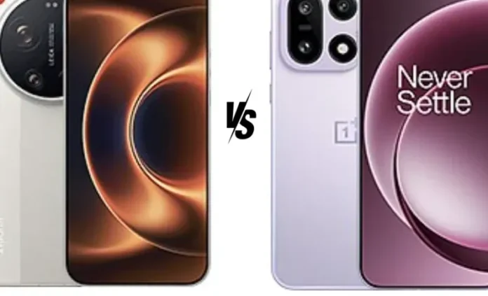 Ilustrasi perbandingan visual antara desain kamera Xiaomi 17 Ultra dan bodi sleek OnePlus 15