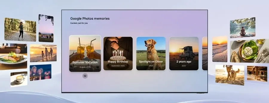 Ilustrasi konseptual integrasi Google Photos di layar TV Samsung yang menampilkan galeri foto keluarga