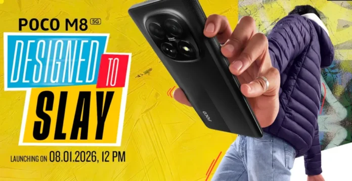 POCO M8 5G smartphone dengan desain belakang dual-tone dan modul kamera squircle sentral