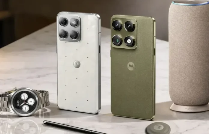 Ilustrasi bocoran gambar promosi Motorola Signature dengan stylus di sampingnya, warna Martini Olive, latar belakang gelap.