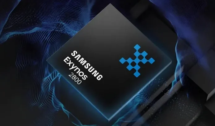 Ilustrasi konsep chipset Samsung Exynos 2800 dengan desain custom di atas papan sirkuit berteknologi tinggi