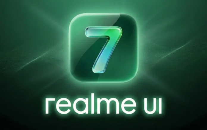 Ilustrasi antarmuka Realme UI 7.0 beta dengan notifikasi pembaruan software di layar smartphone Realme