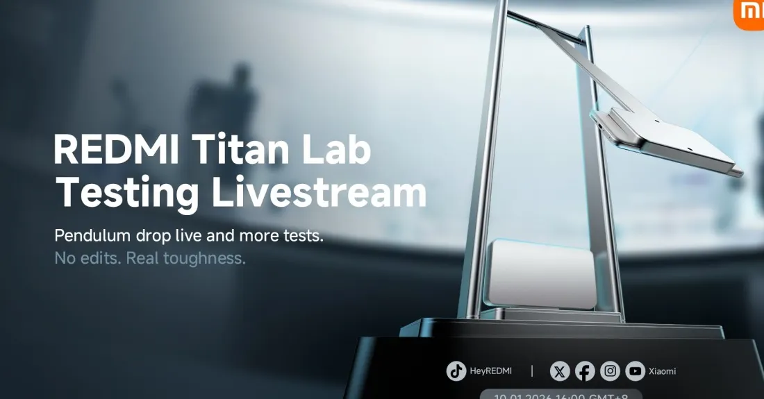 Poster teaser pengujian durabilitas Redmi Note 15 series bertajuk Titan Lab Testing
