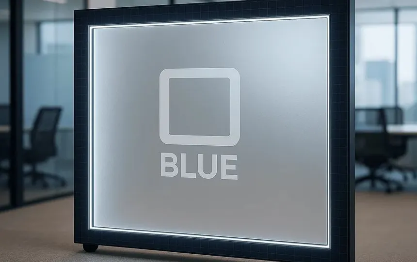 A glass panel with a glowing frame displaying the text BLUE in a corporate office setting