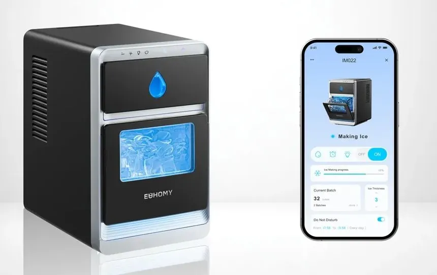 Portable ice maker with a connected smartphone app showing its interface