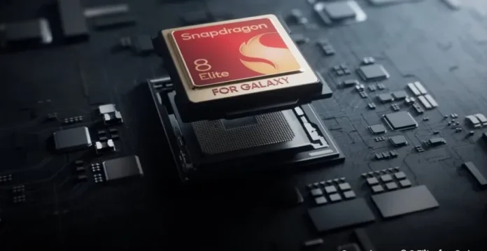 Logo Qualcomm Snapdragon dan Samsung berlatar belakang sirkuit chip teknologi 2nm