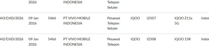 Daftar sertifikasi SDPPI untuk Vivo V70 FE, iQOO 15R, dan iQOO Z11x