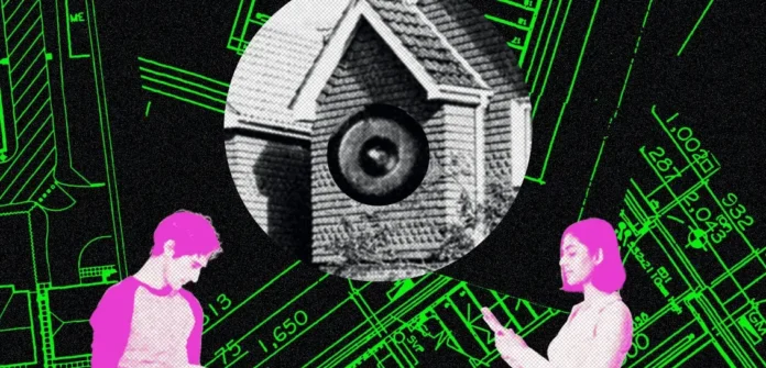 Ilustrasi pengawasan digital dan alat pengintai ICE yang memantau lokasi ponsel.