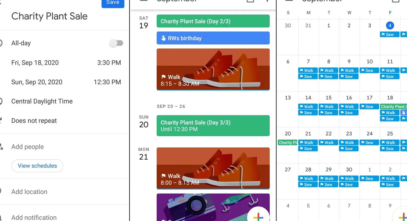 The Google Calendar app showing an event, day view, and month view