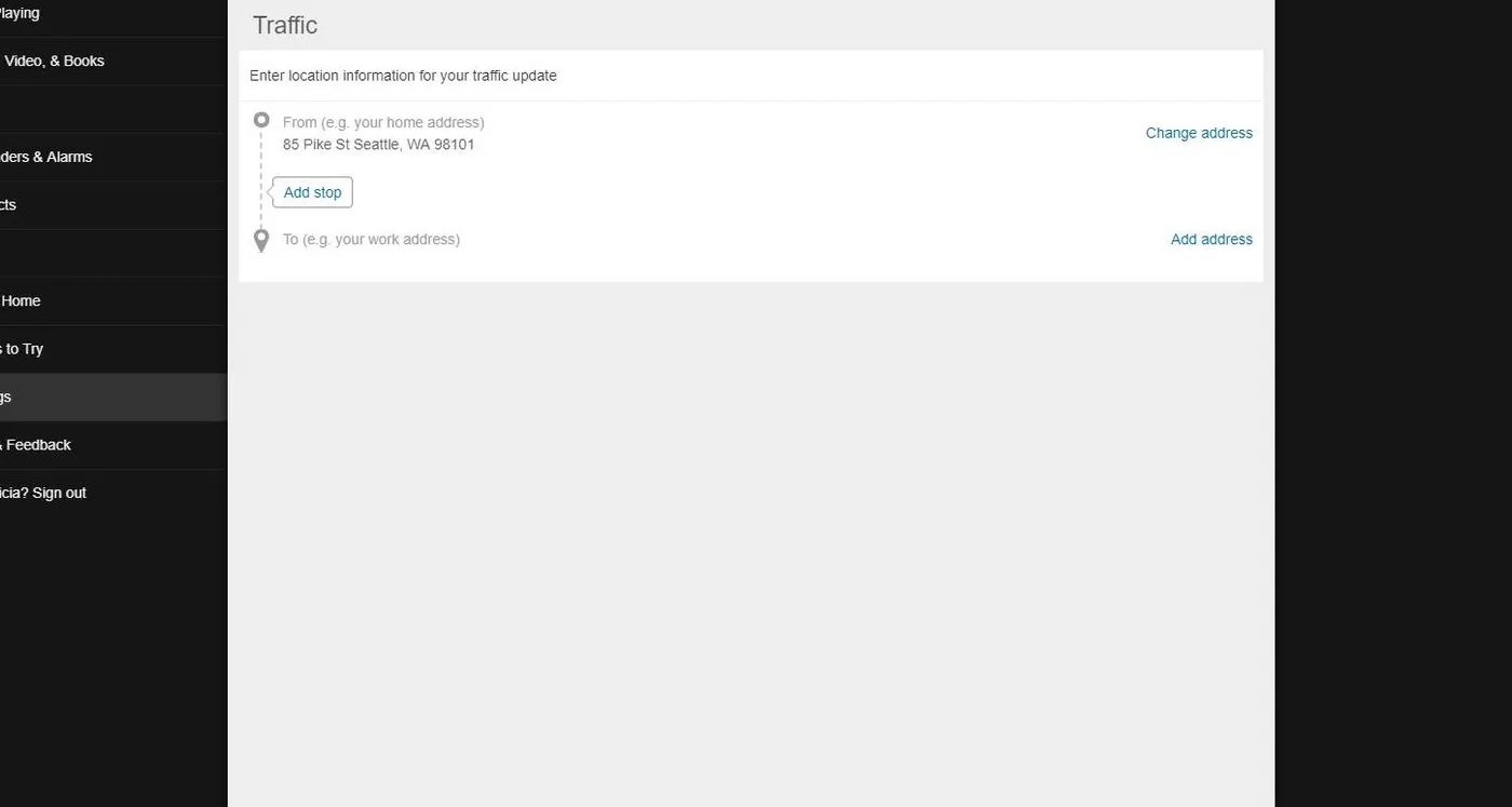 Screenshot of Alexa traffic settings