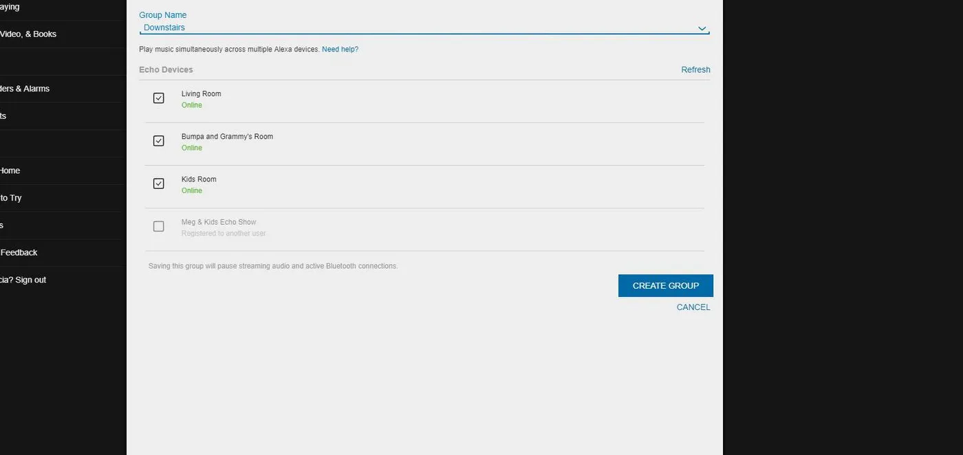 Screenshot of Create Group in Alexa app