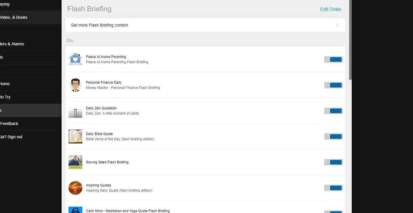 Screenshot of Flash Briefing settings
