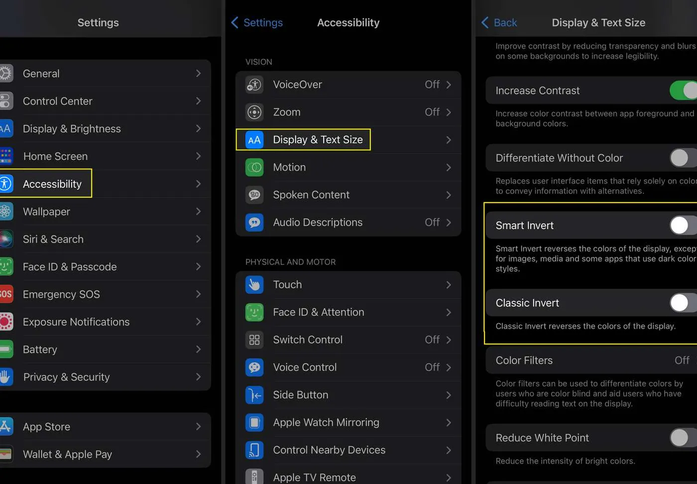 Accessibility, Display & Text Size, and Smart Invert/Classic Invert in iOS Settings