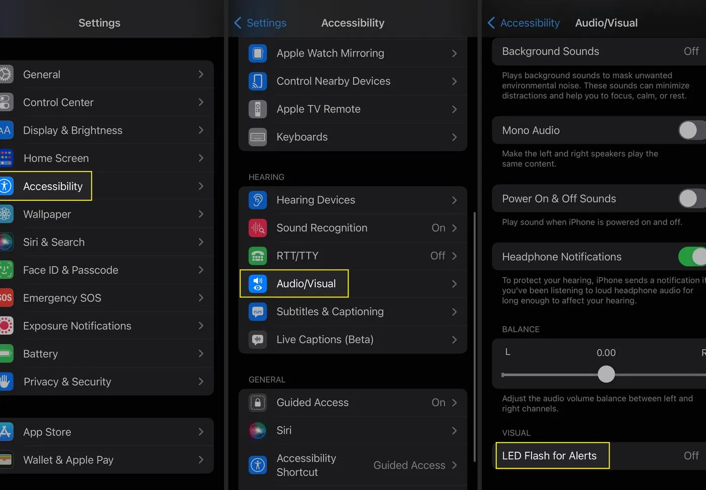 Accessibility, Audio/Visual, and LED Flash for Alerts options in iOS Settings