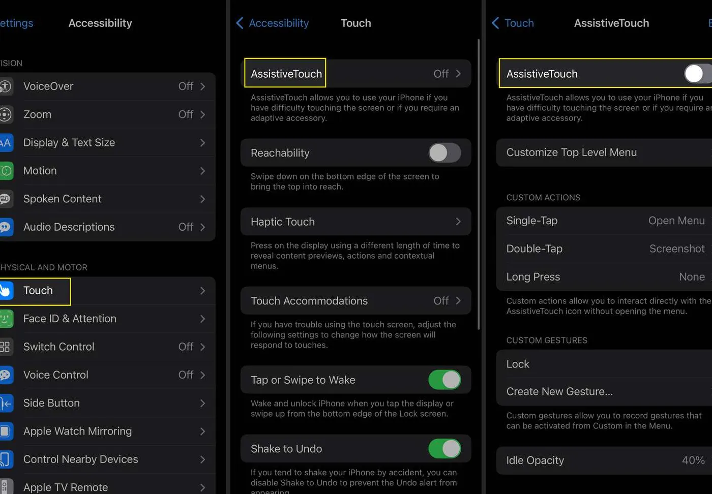 Touch and AssistiveTouch options in iOS Settings