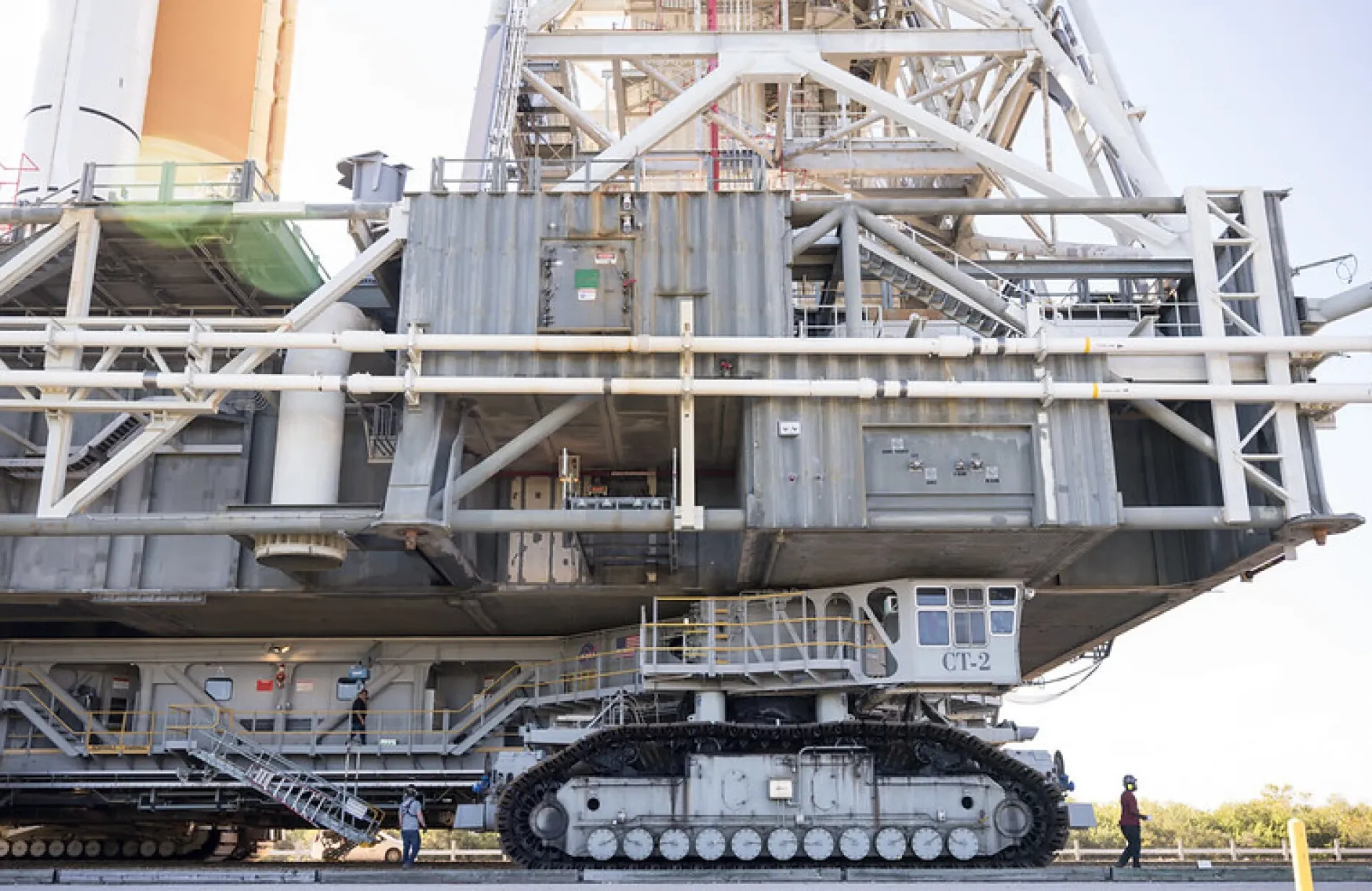 NASA's crawler-transporter carrying the 11-million-pound rocket stack and mobile launcher to the launchpad at Kennedy Space Center on Jan. 17, 2026