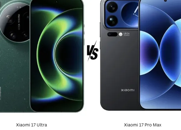 Perbandingan desain belakang Xiaomi 17 Ultra dengan modul kamera besar dan Xiaomi 17 Pro Max dengan layar sekunder.