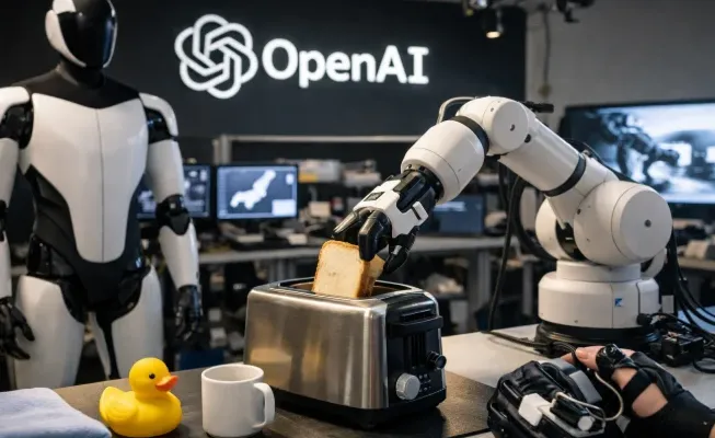 Ilustrasi laboratorium robotika OpenAI dengan lengan robot sedang dilatih