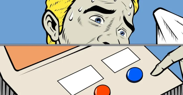 Ilustrasi pop art retro pria panik memilih tombol merah atau biru untuk fitur Me Meme Google.